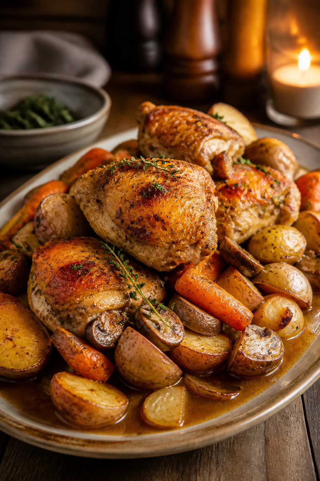 Plated cottage-style roast with chicken and vegetables and gravy