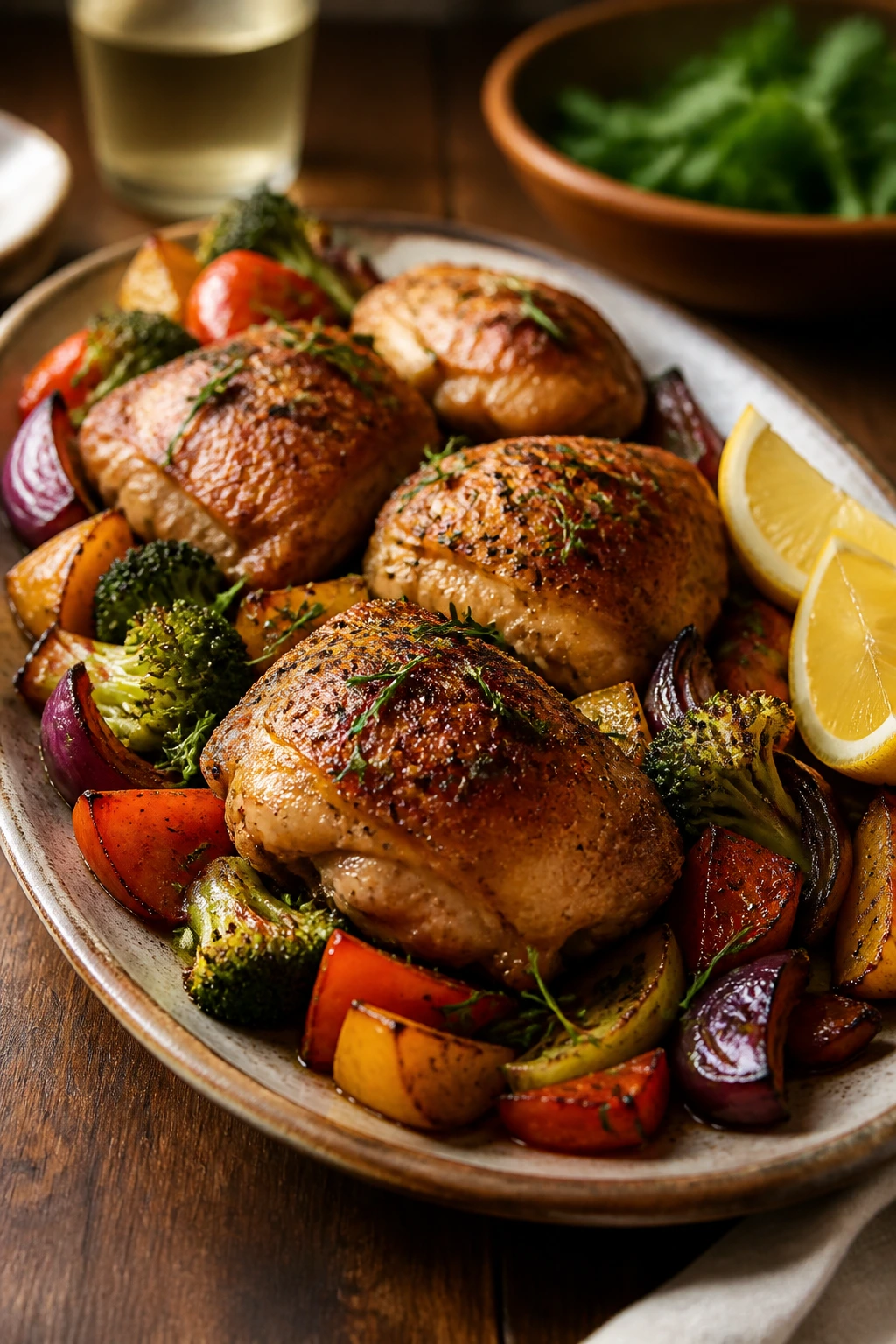 Close-up of roasted chicken thigh with vegetables on a warm rustic platter, lemon wedges to the side.