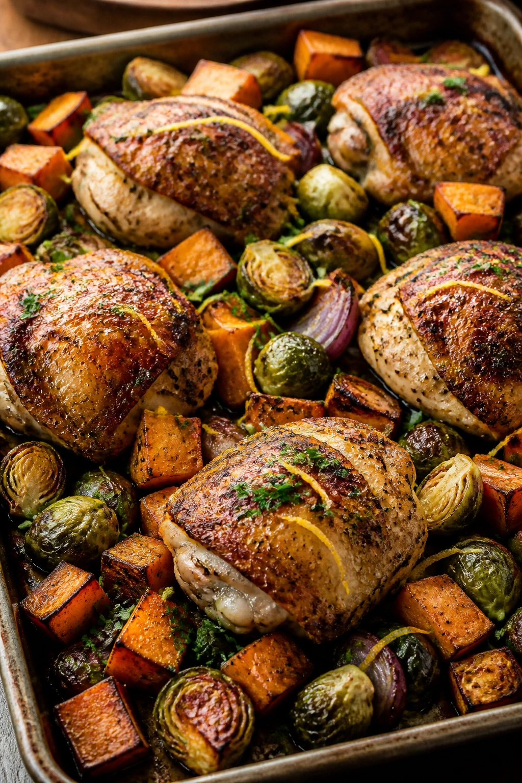 Finished sheet-pan roast with chicken and vegetables, lemon and parsley