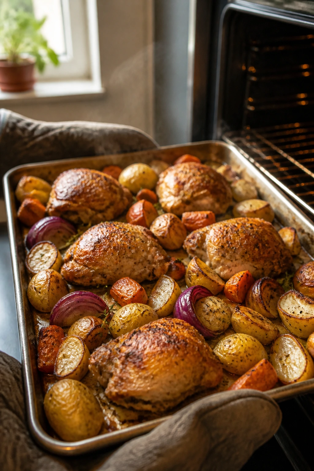 Sheet pan with browned chicken and roasted vegetables fresh from the oven