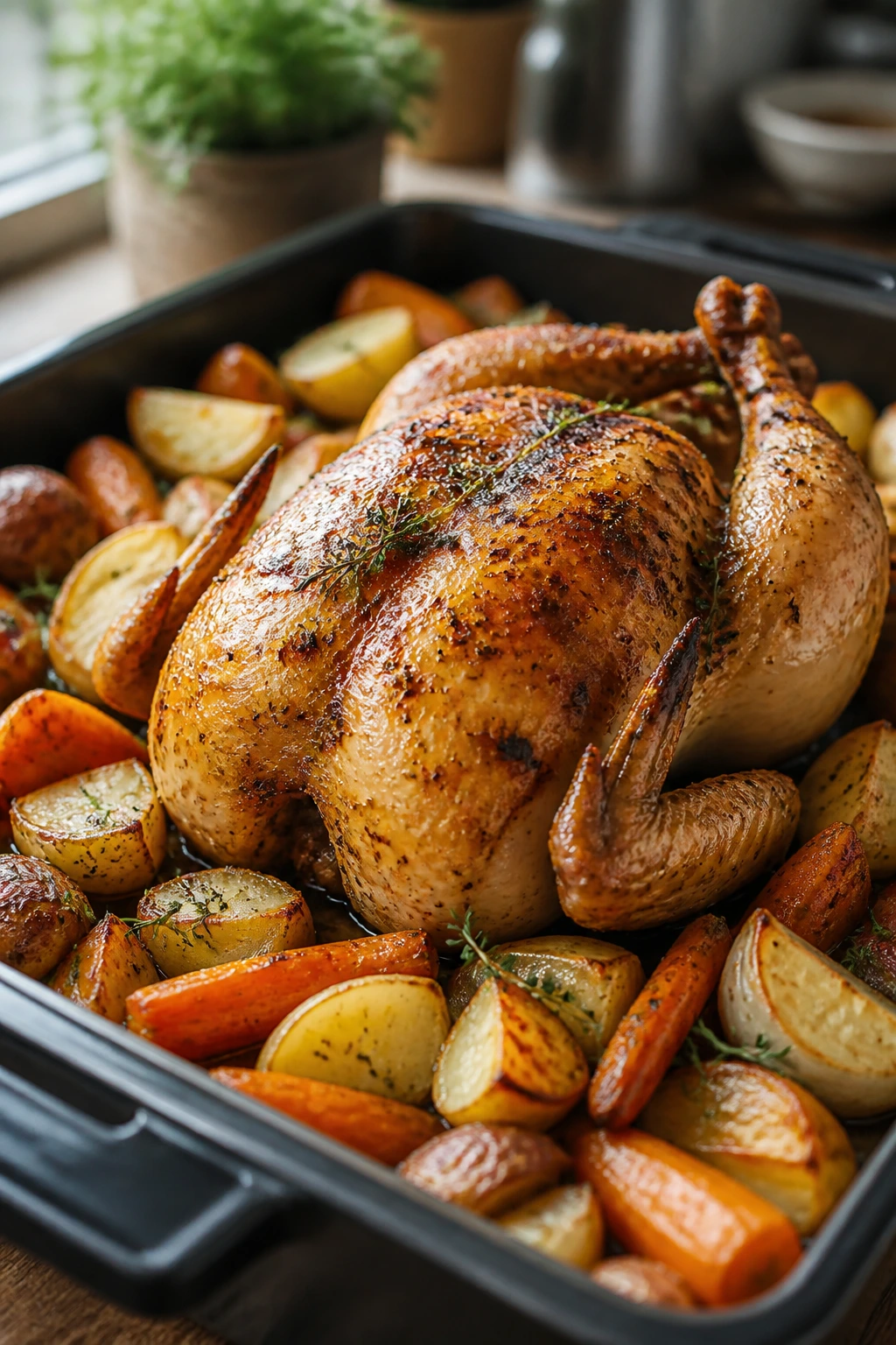 Roasted chicken with potatoes and carrots on a tray