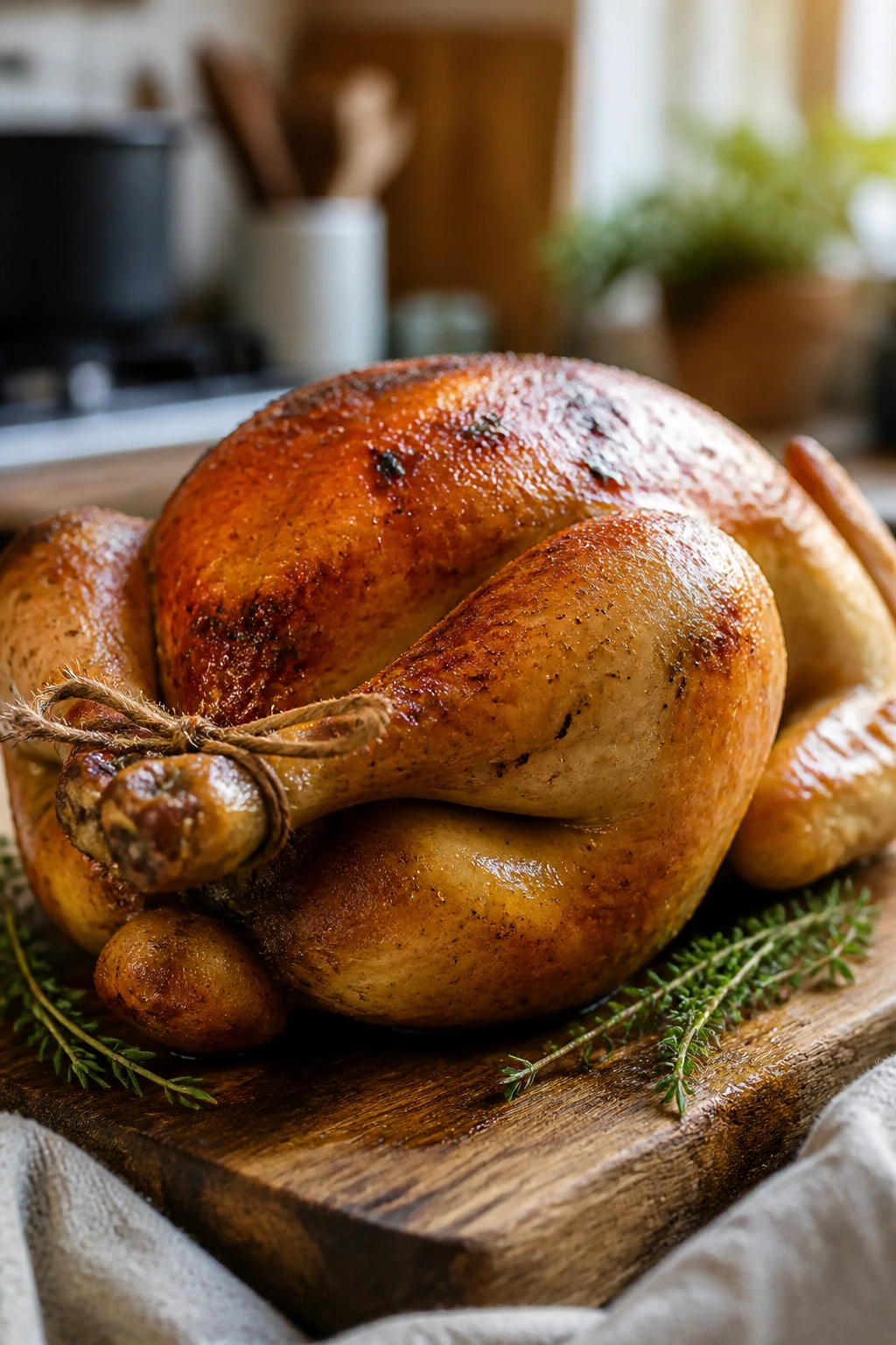 Close-up of a golden roasted chicken on a wooden board in a warm kitchen