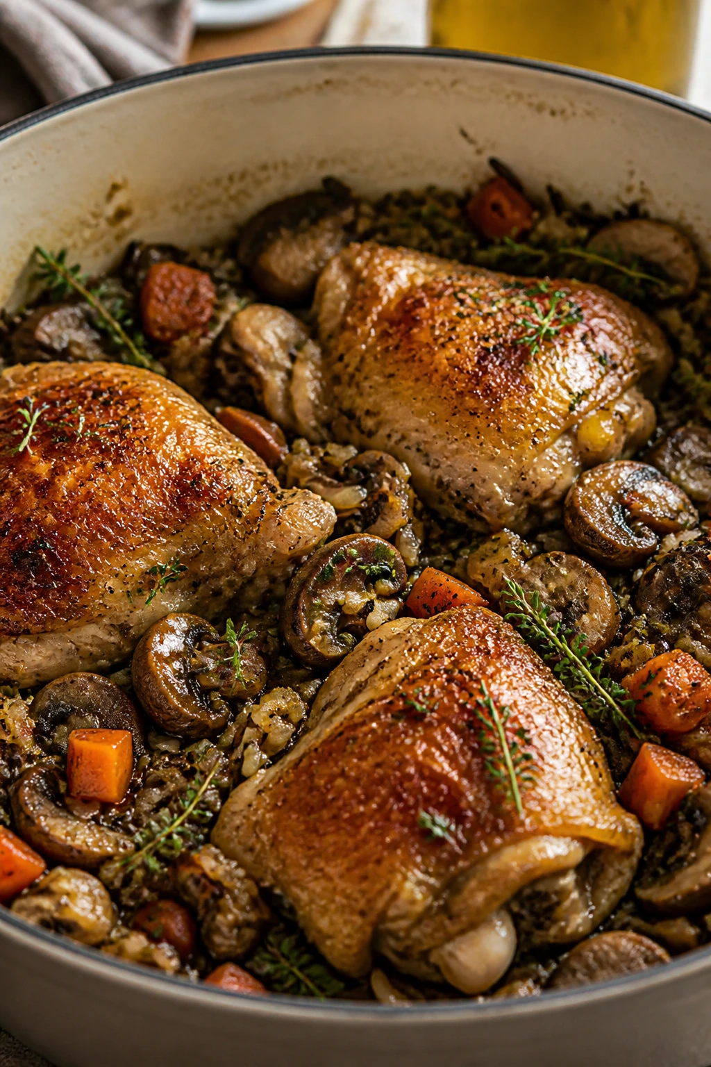 Bronzed bone-in chicken thighs on wild rice with mushrooms and carrots in a Dutch oven