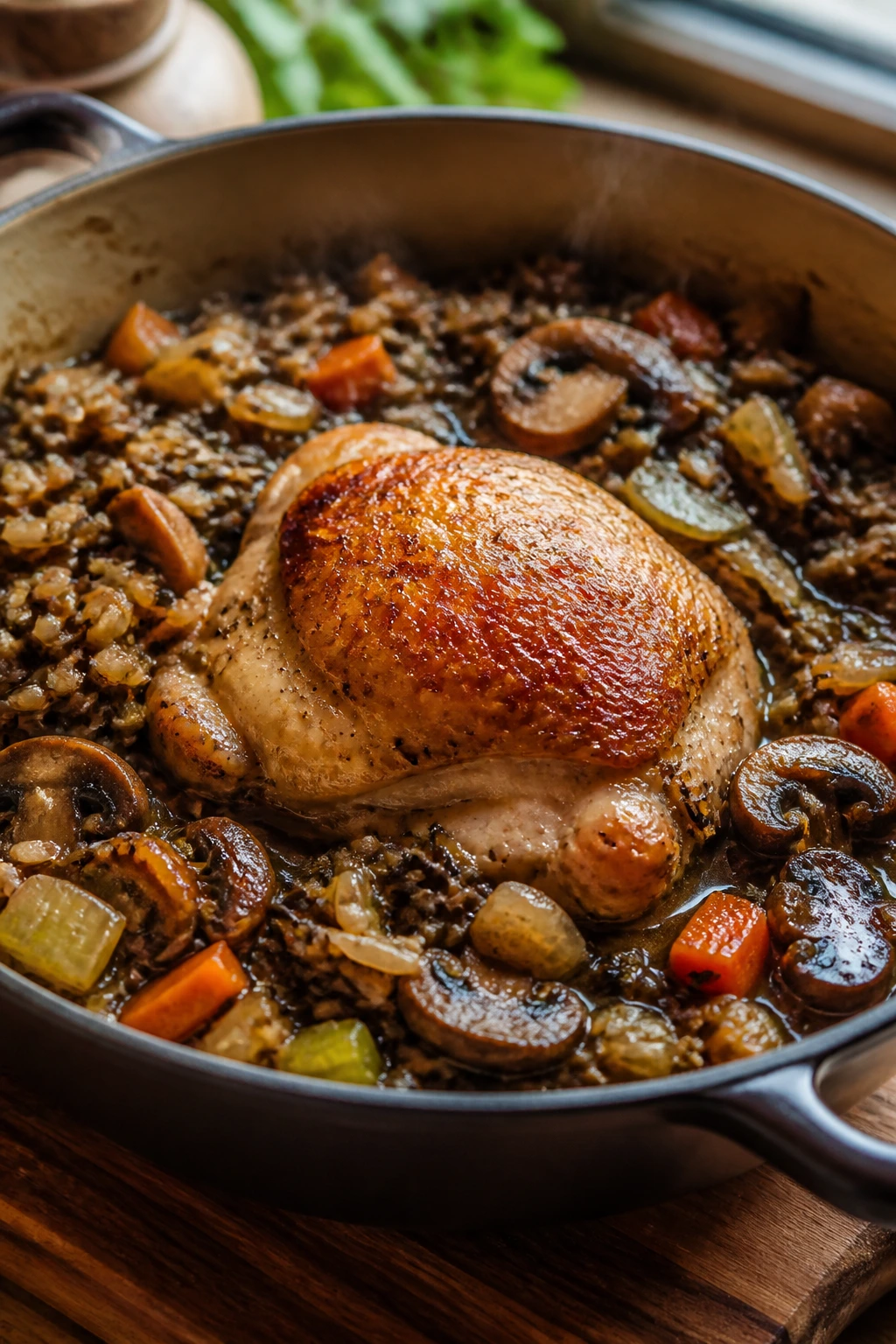 Close-up of roasted chicken and wild rice in a Dutch oven showing browned thigh, wild rice, and vegetables