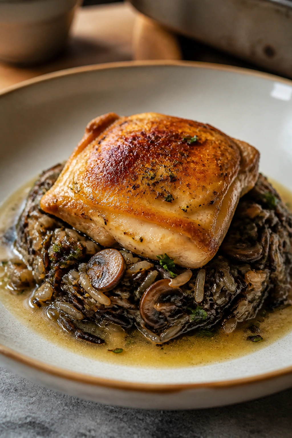Close-up of plated roasted chicken on wild rice in a shallow bowl with broth drizzle in a warm kitchen