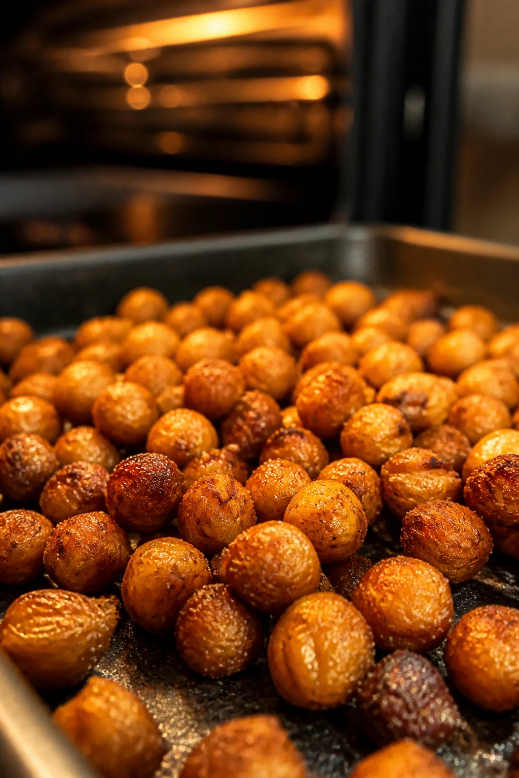 Close-up of crackly roasted chickpeas on a sheet pan