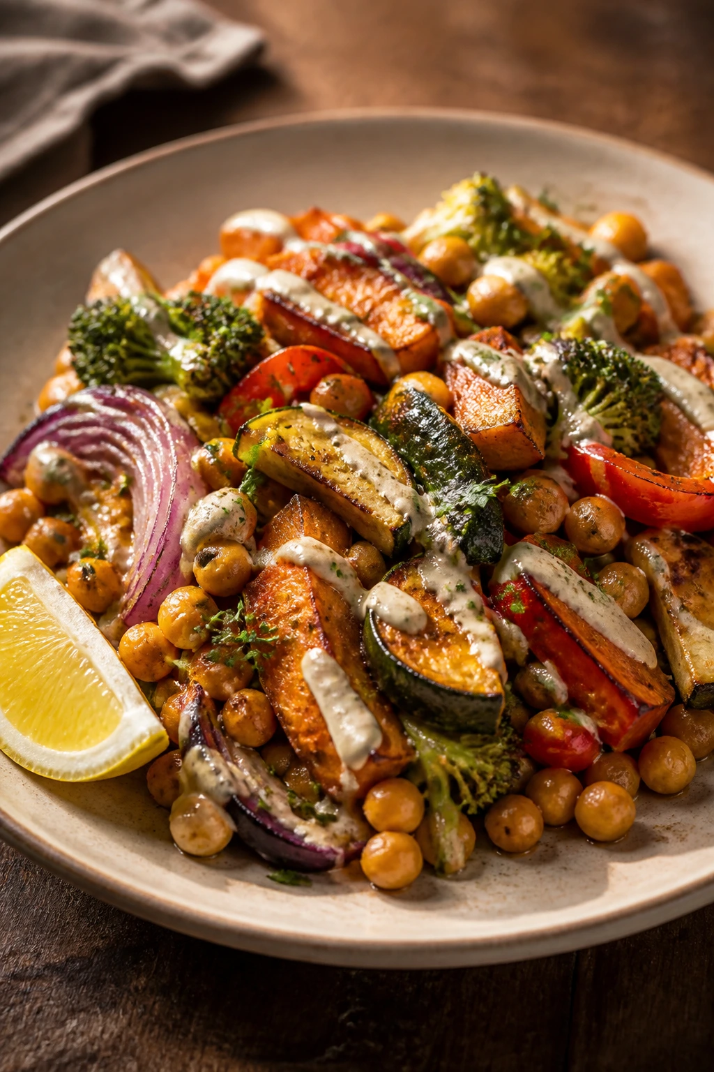 Close-up of a hearty roasted meatless dinner on a plate