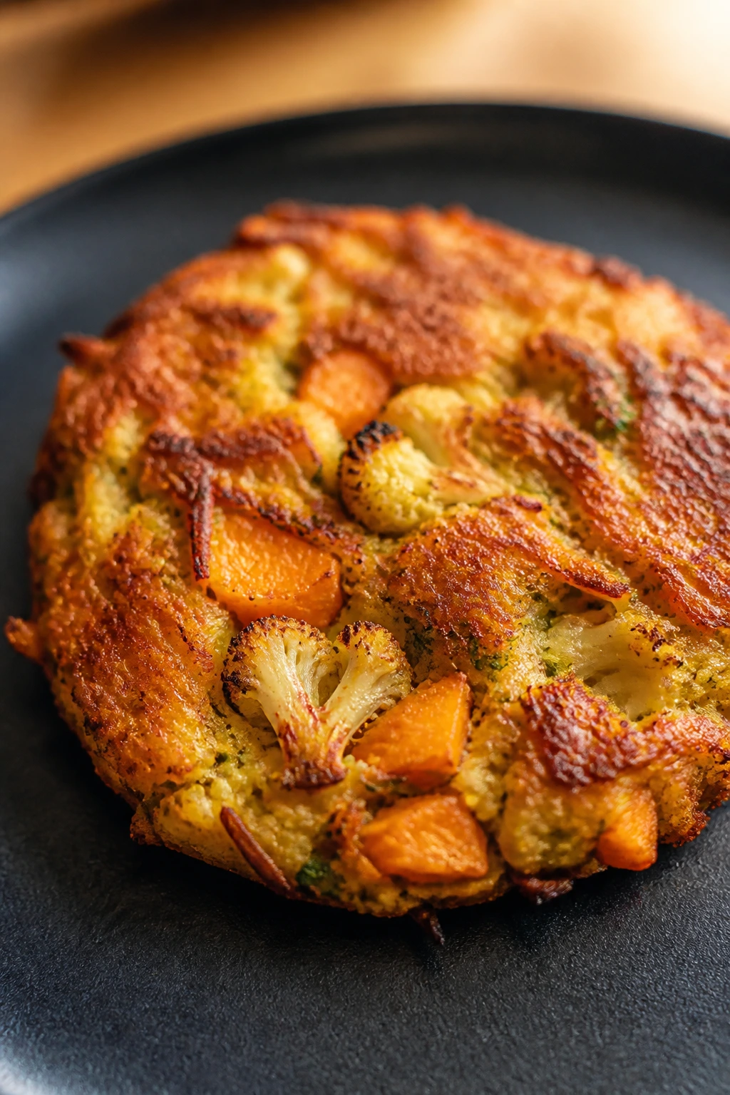 Single fritter with golden crust on a dark plate