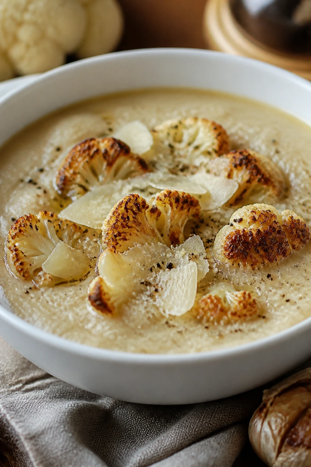 Creamy roasted garlic parmesan cauliflower soup with cauliflower and parmesan topping