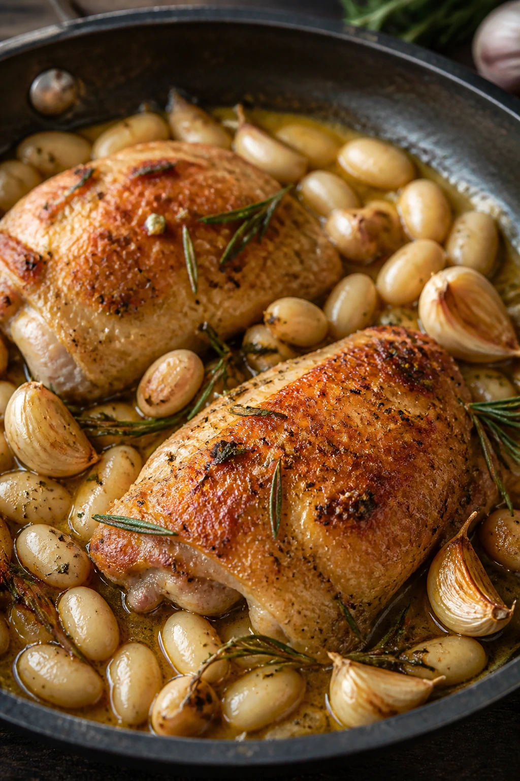 Close-up of roasted garlic chicken with white beans in skillet