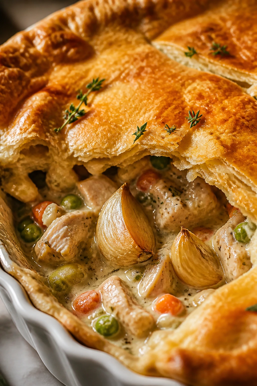 Roasted Garlic Chicken Pot Pie with garlic visible in filling