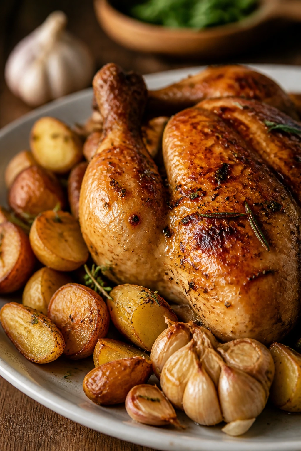 Bronzed roasted garlic chicken with crispy potatoes plated for dinner