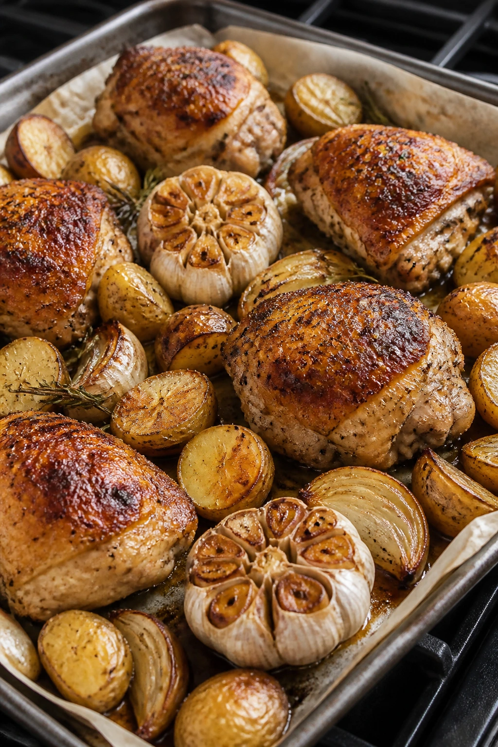 Close-up of crispy garlic chicken with potatoes on a sheet pan