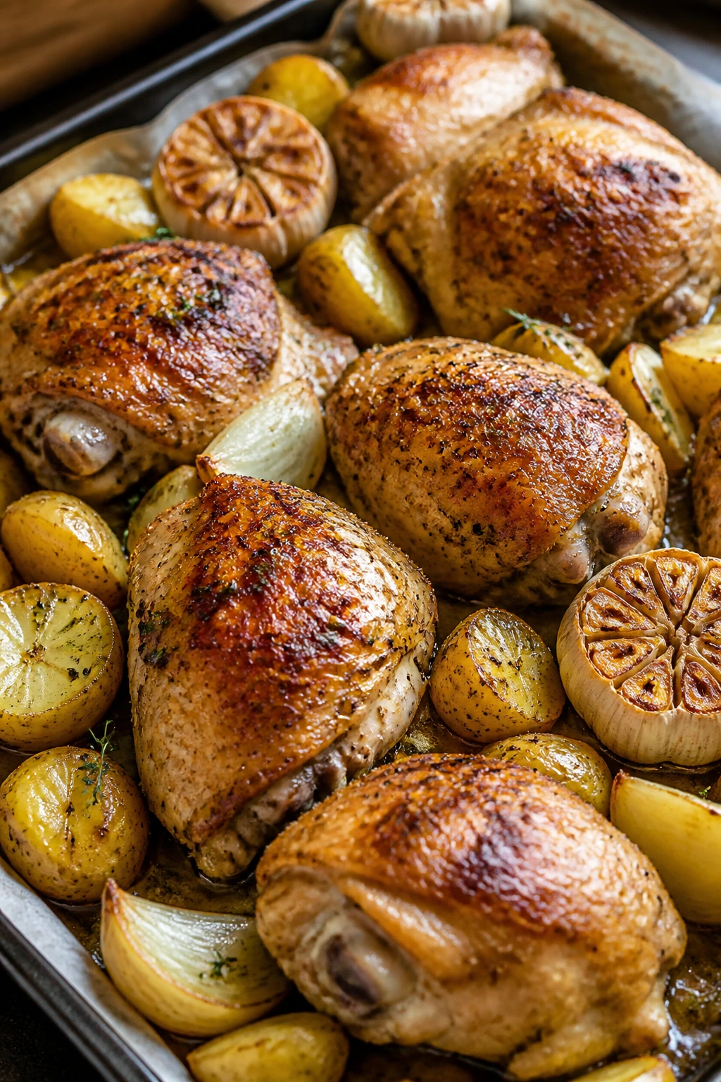 Close-up of crispy roasted garlic chicken thighs with potatoes and onions on a sheet pan
