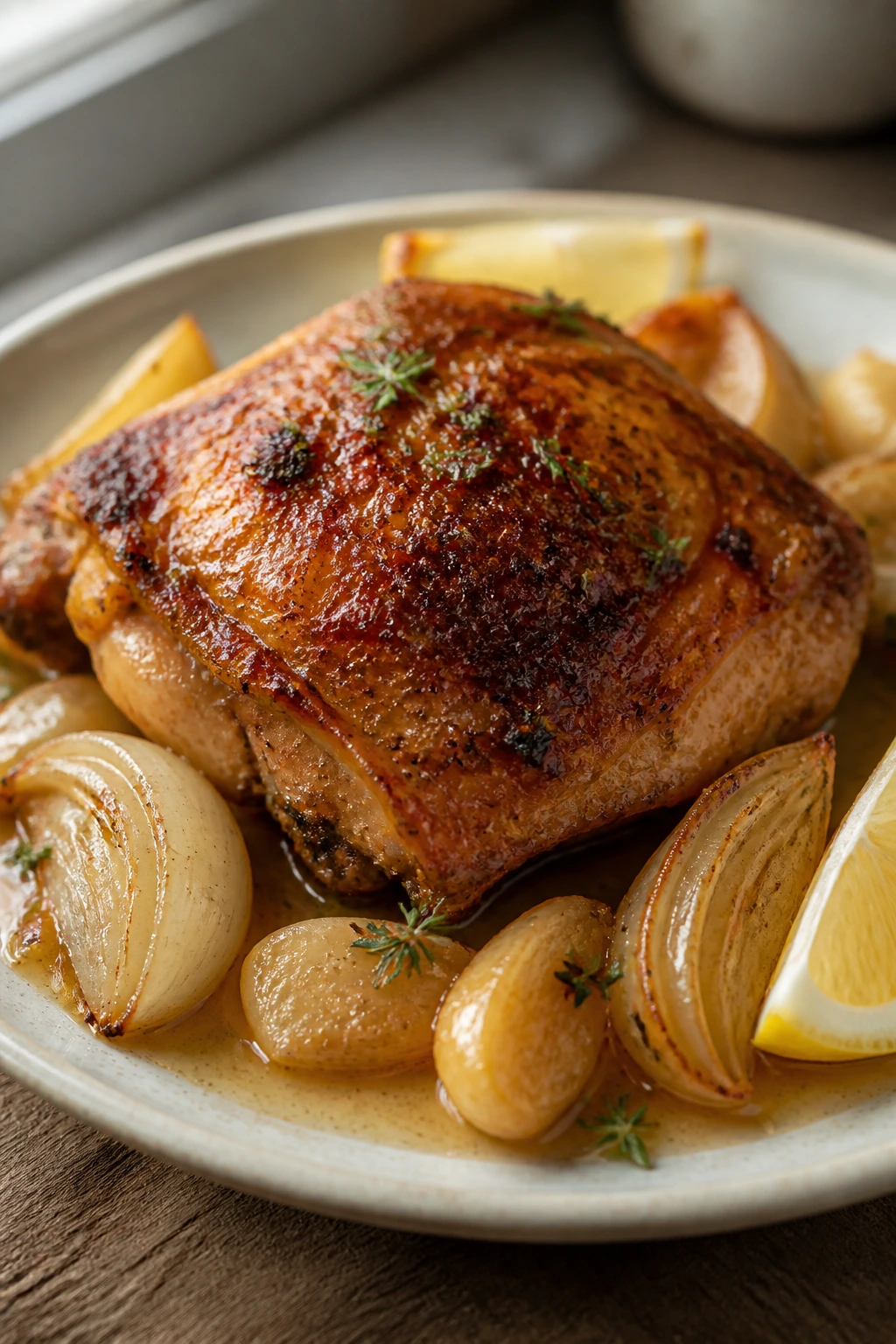 Close-up of crispy roasted garlic chicken thigh with glossy sauce and onion wedges on plate