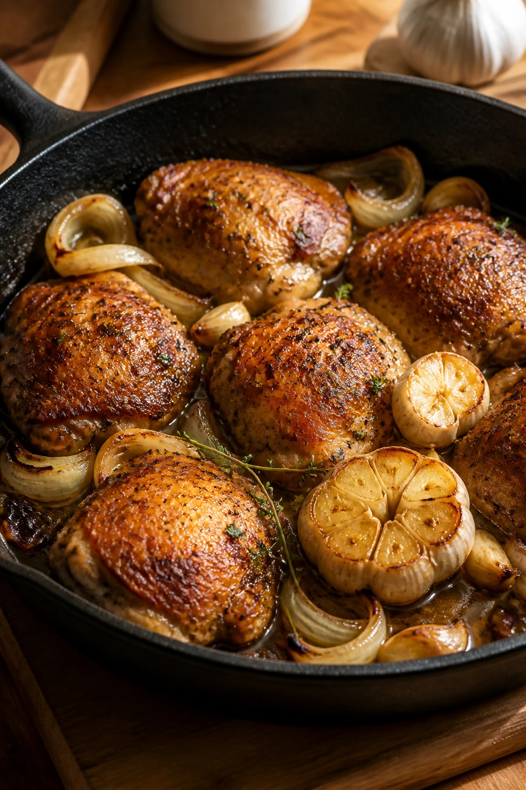 Close-up of a skillet filled with crispy roasted garlic chicken thighs in a cozy kitchen