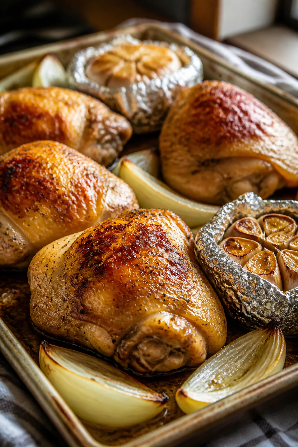 Close-up of bronzed roasted garlic chicken thighs with foil-wrapped garlic heads on a sheet pan in a warm kitchen