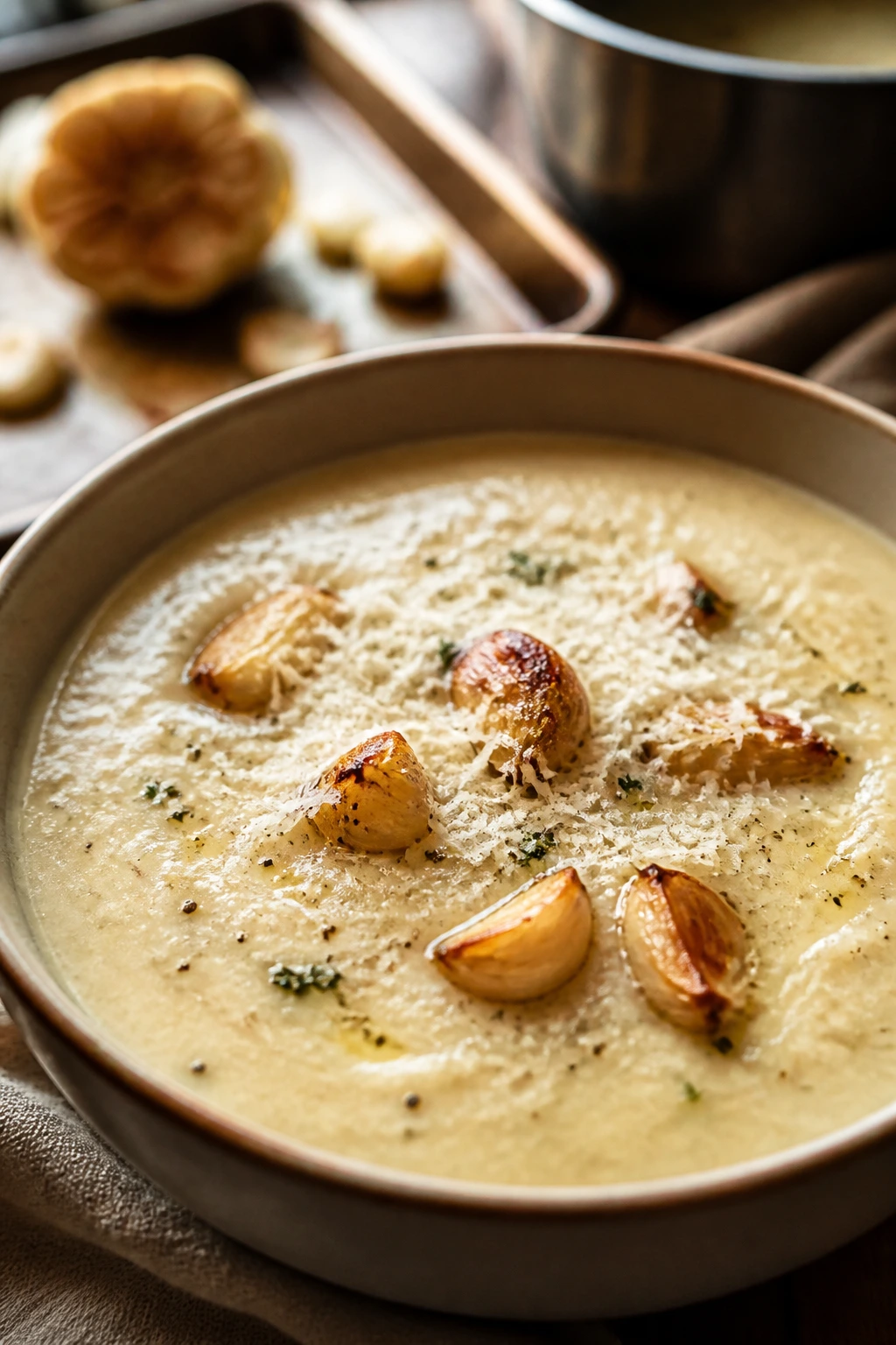 Creamy roasted garlic parmesan soup in a bowl with garlic visible