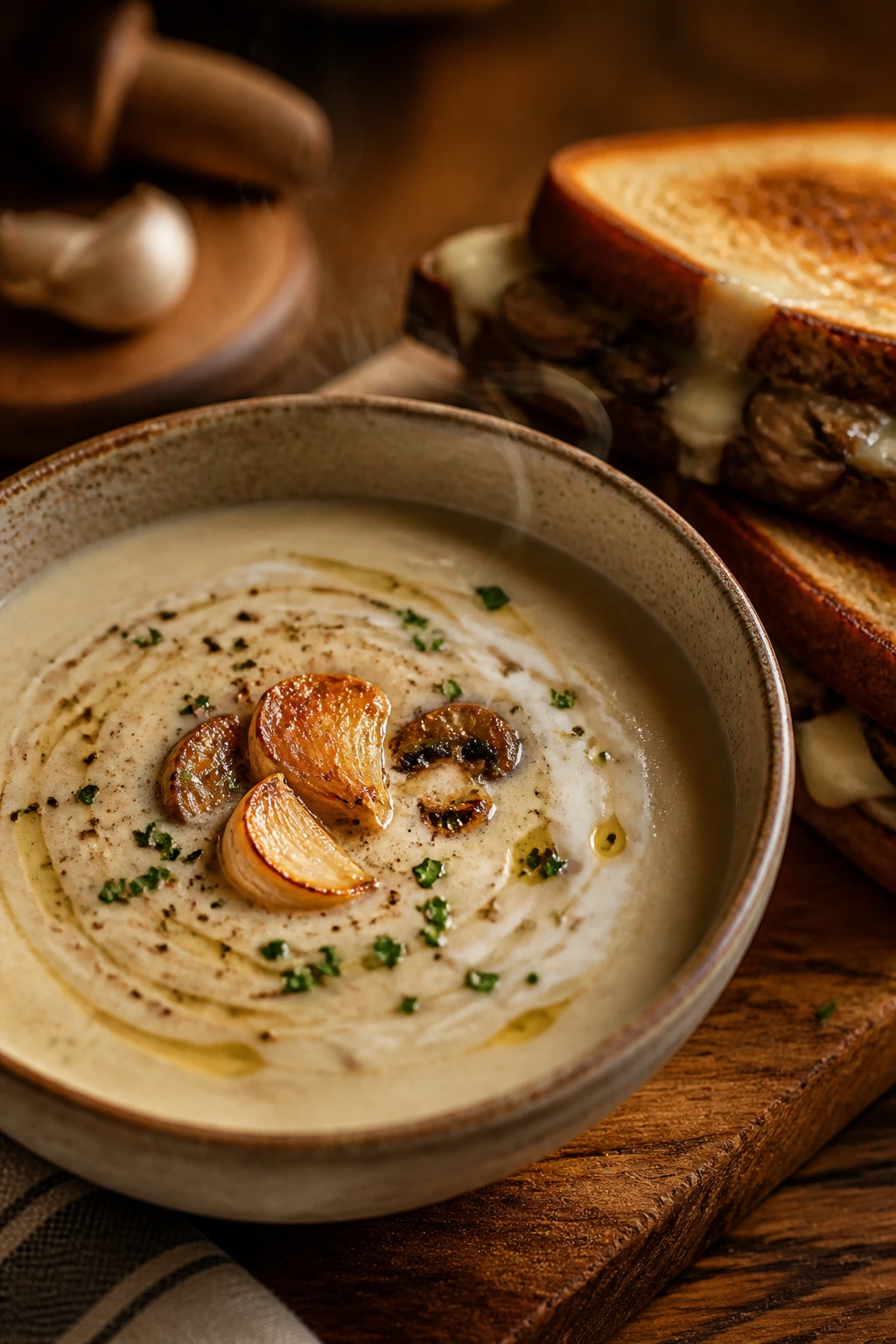 Close-up of a steaming bowl of roasted garlic soup with a mushroom Swiss melt sandwich beside it