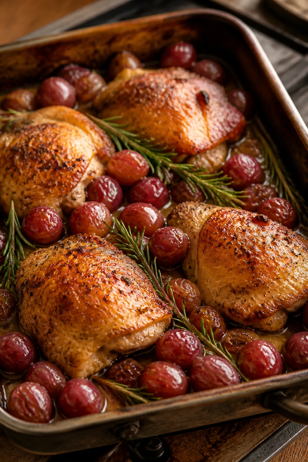 Close-up of chicken with roasted grapes and rosemary in a pan