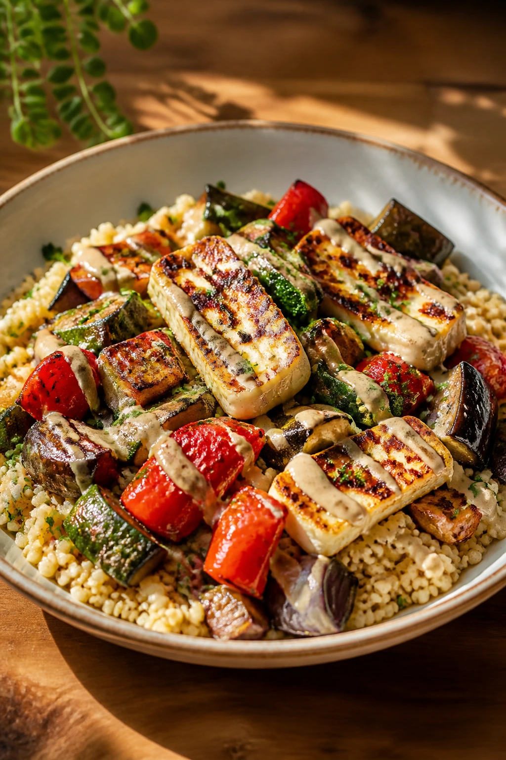 Close-up of roasted vegetable and halloumi couscous in a bowl
