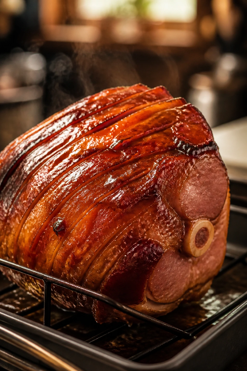 Bone-in ham with glossy glaze on roasting rack