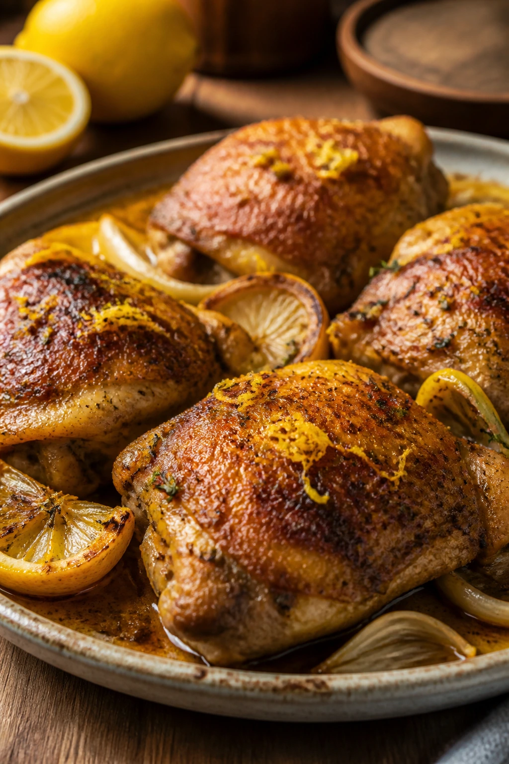 Close-up of crispy roasted lemon chicken thighs on a rustic plate with lemon zest