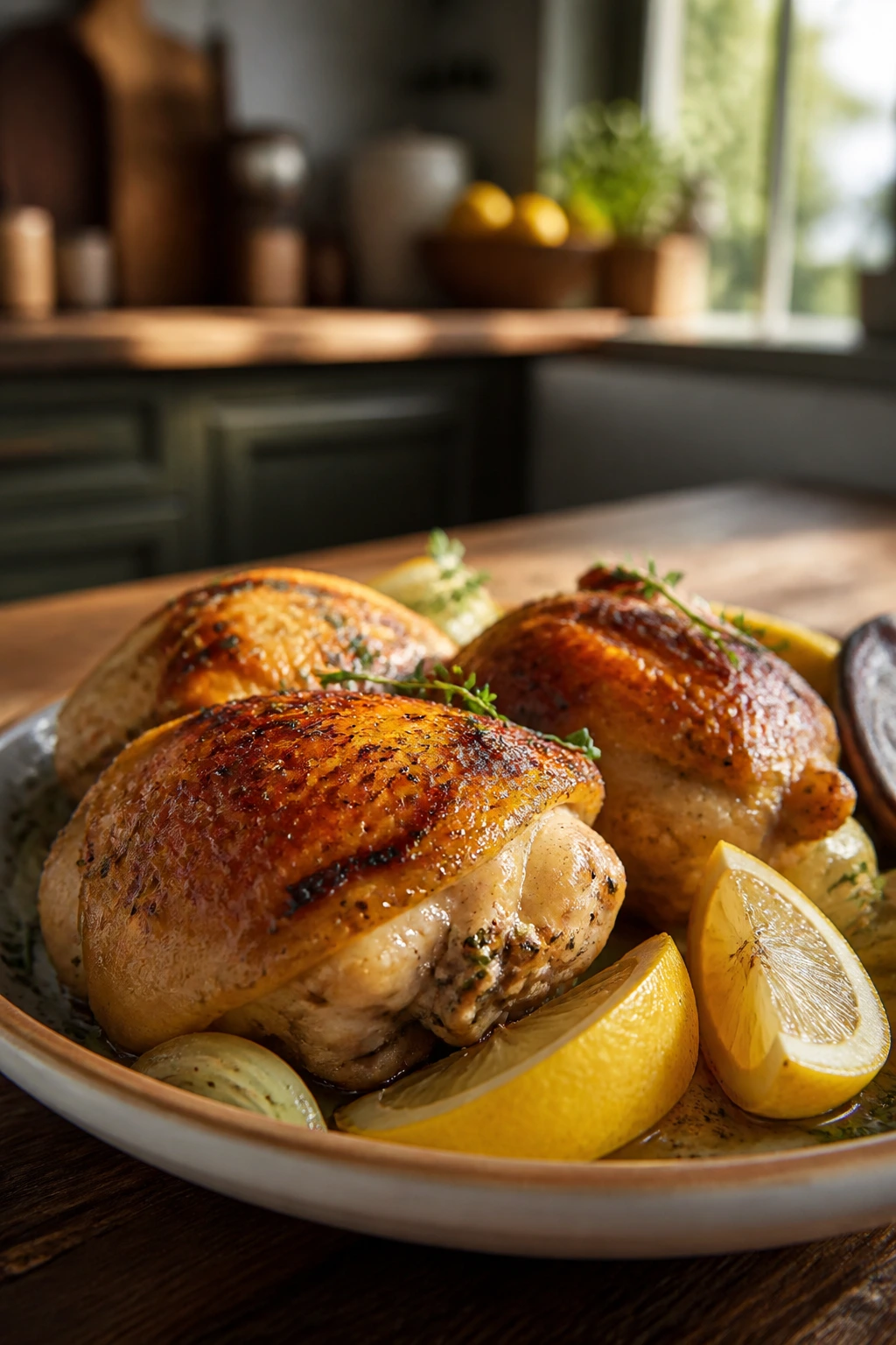 Close-up of crispy roasted lemon chicken thighs plated on a wooden surface
