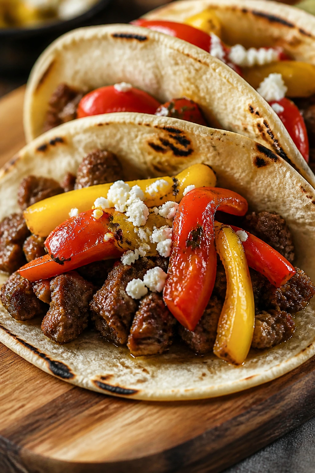 Beef taco with roasted peppers on wooden board
