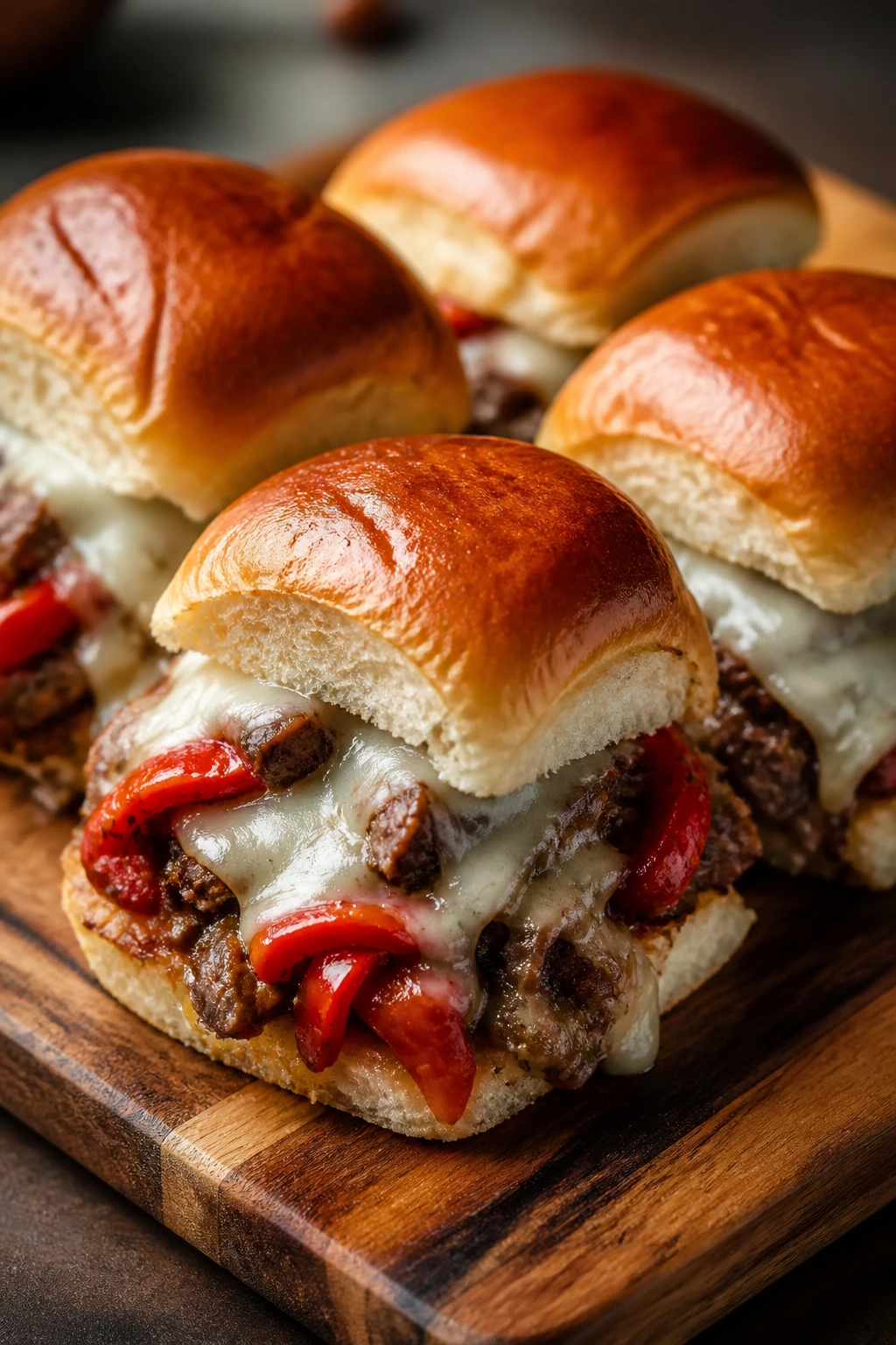 Close-up of Roasted Red Pepper Mozzarella Sliders with peppers and mozzarella