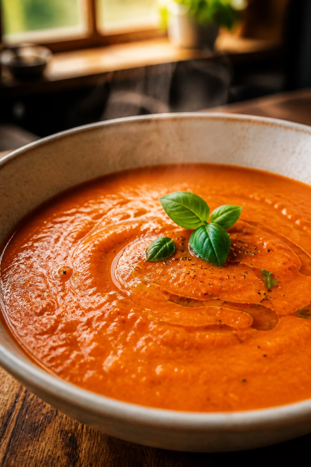 Close-up of vibrant orange-red roasted pepper tomato soup in a bowl with olive oil drizzle in a rustic kitchen