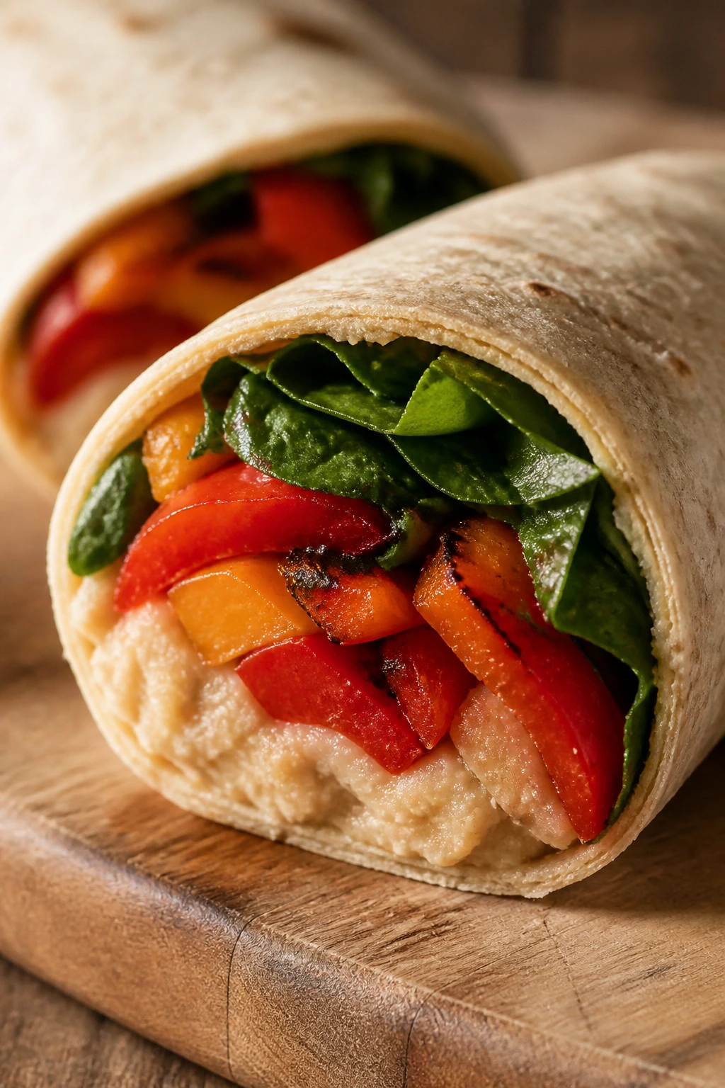 Close-up of roasted pepper white bean wrap filling