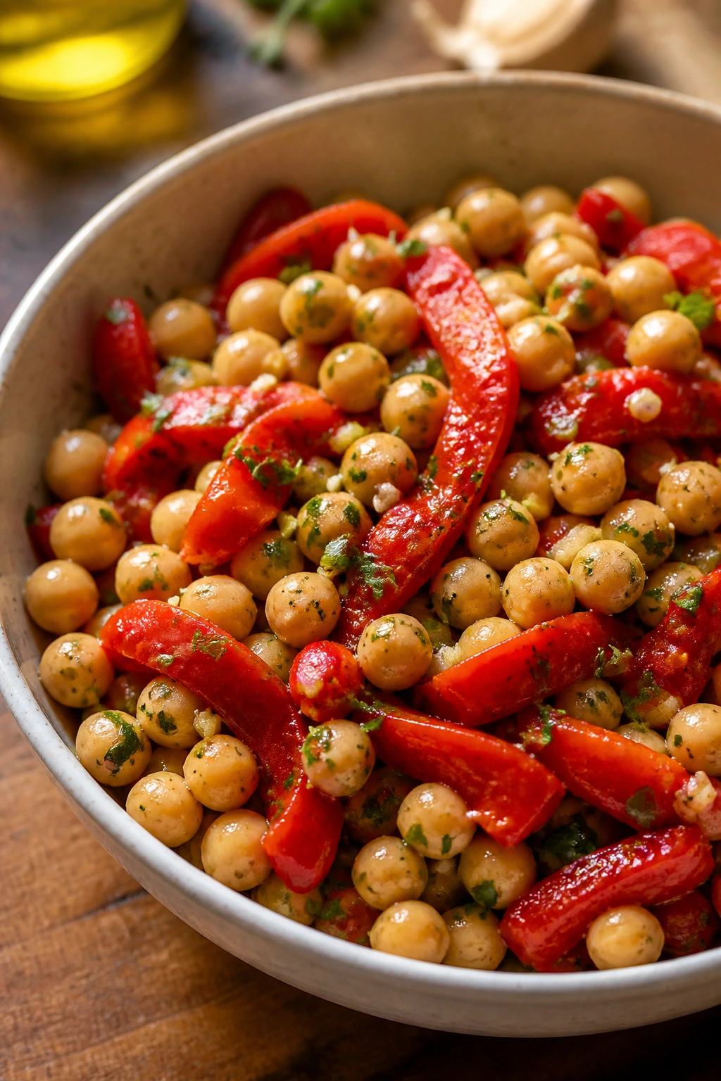 Chickpeas and roasted red peppers in a bowl on wooden surface