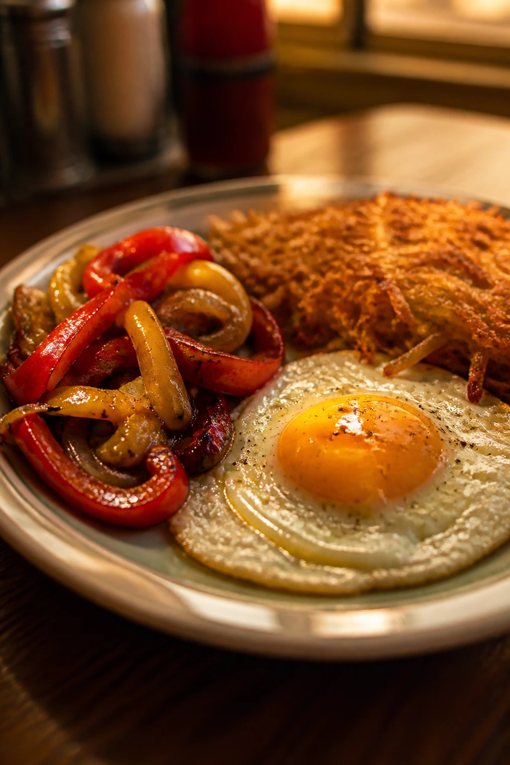 Plate with roasted peppers, fried egg, and hash browns in a diner setting