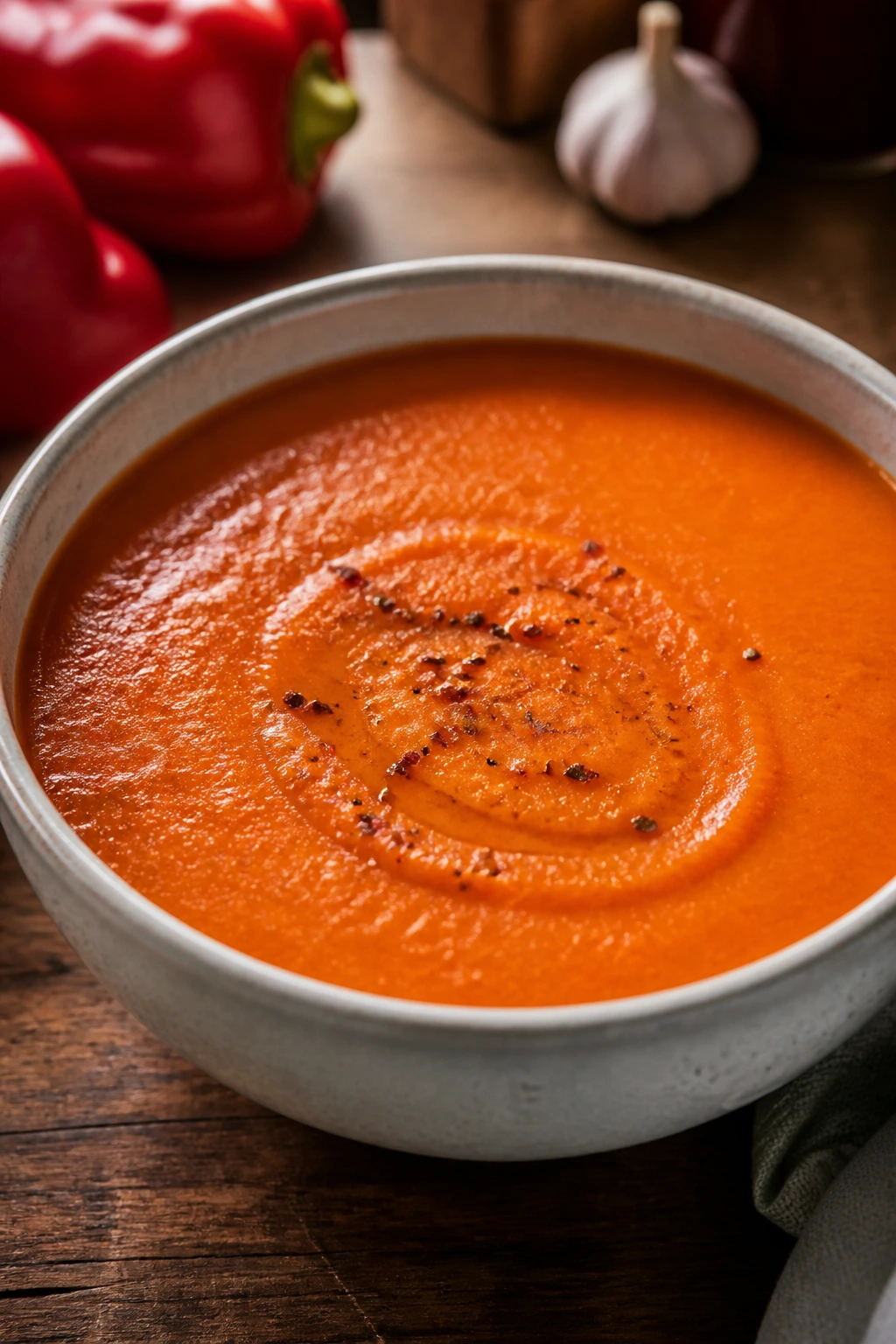 Roasted Red Pepper Soup in a bright bowl on a rustic kitchen surface