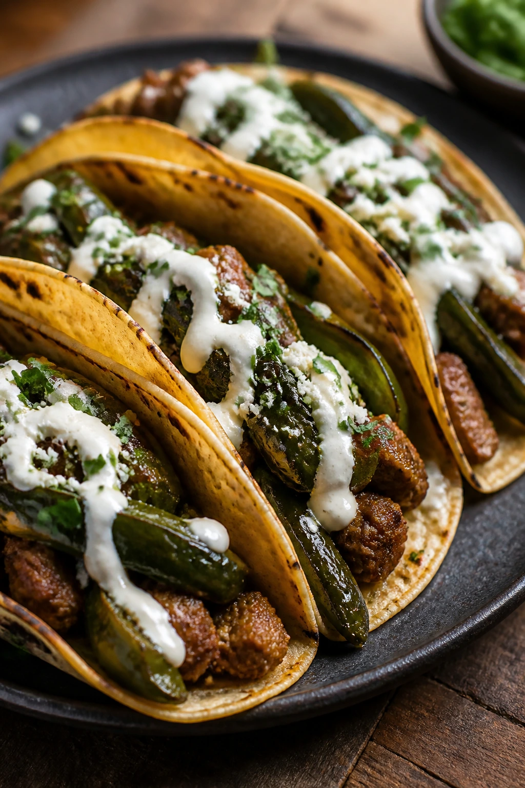 Beef tacos with roasted poblano peppers on plate