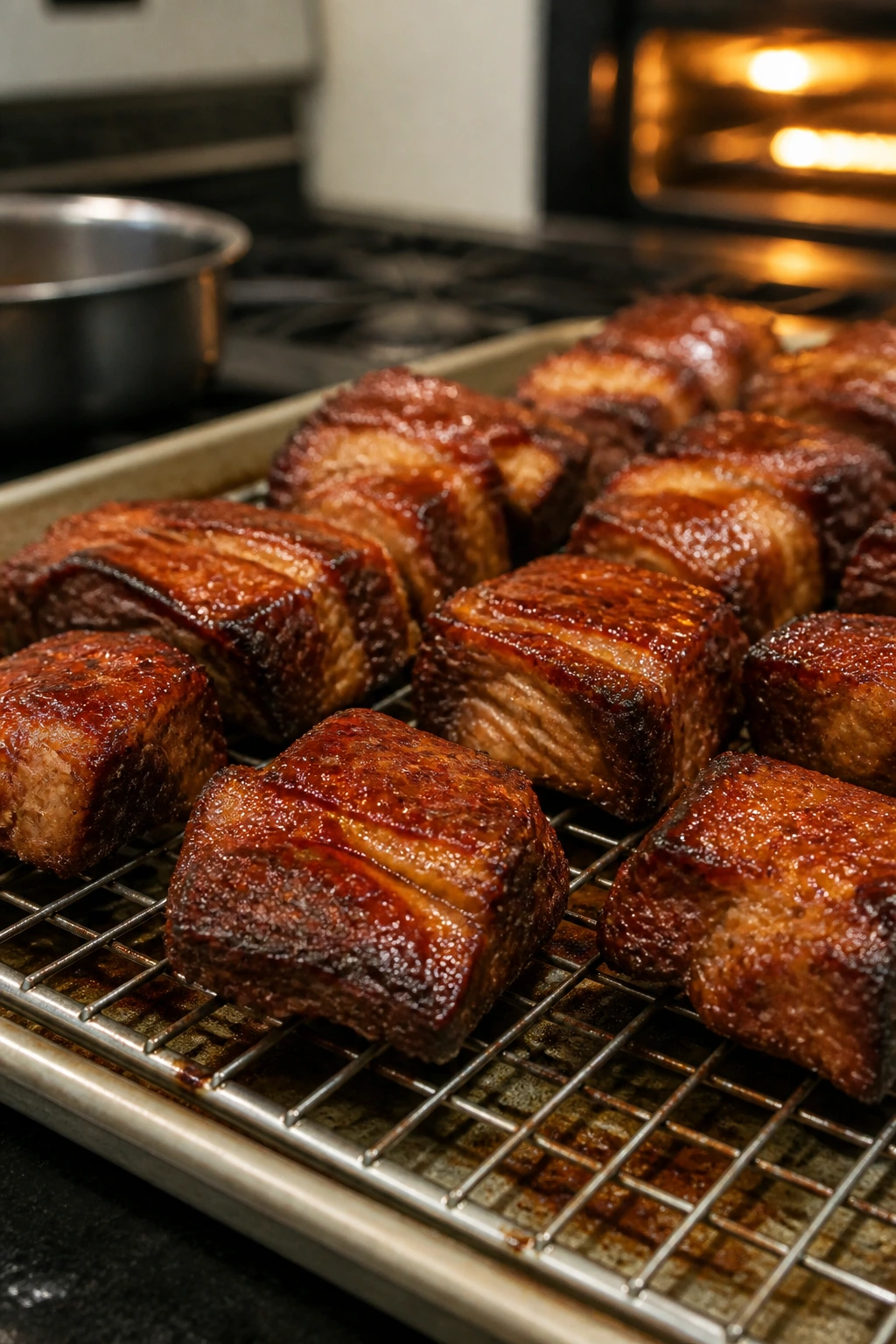 Pork pieces on rack with glossy glaze ready to serve