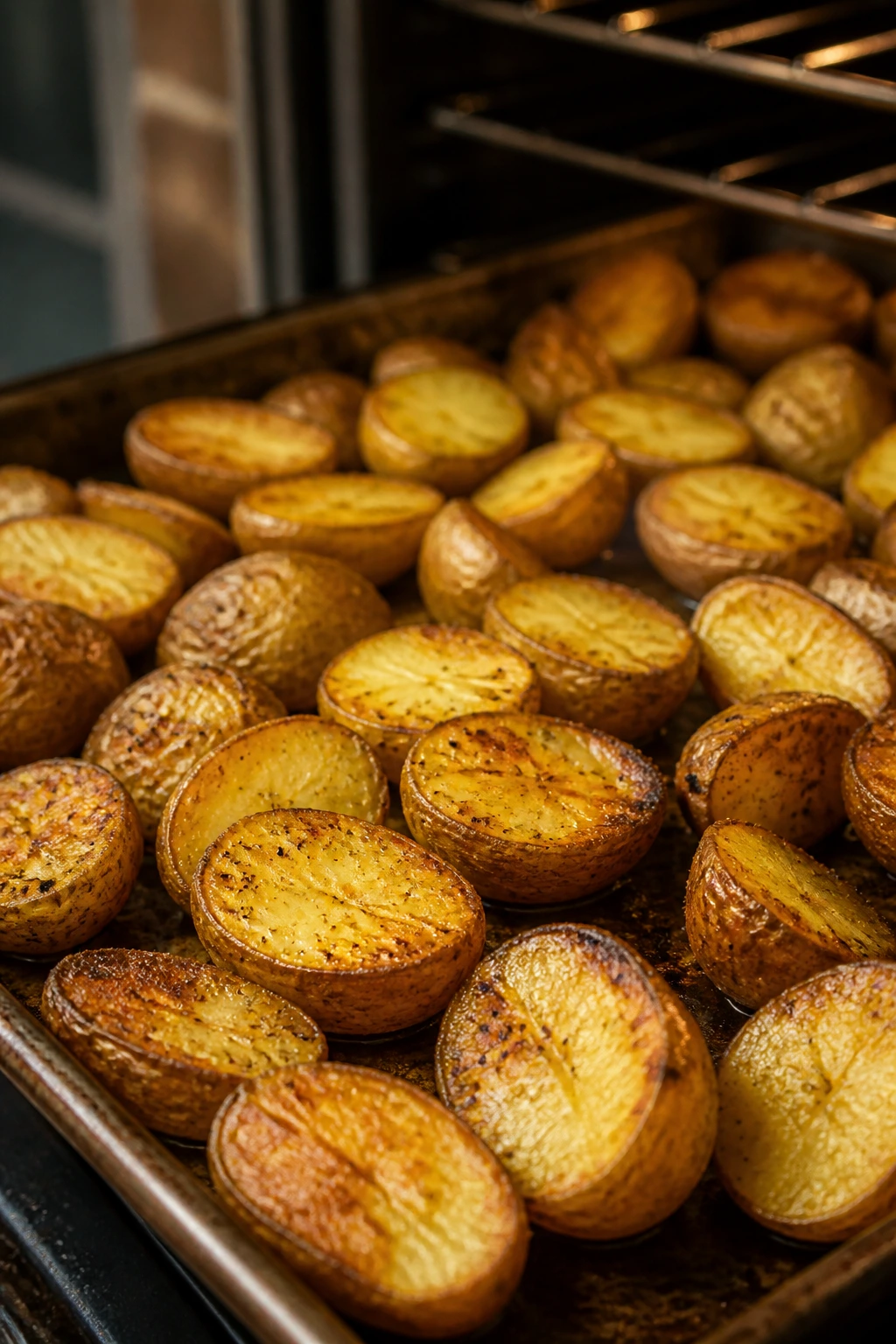 Close-up of golden roasted potatoes on a sheet pan in a warm kitchen