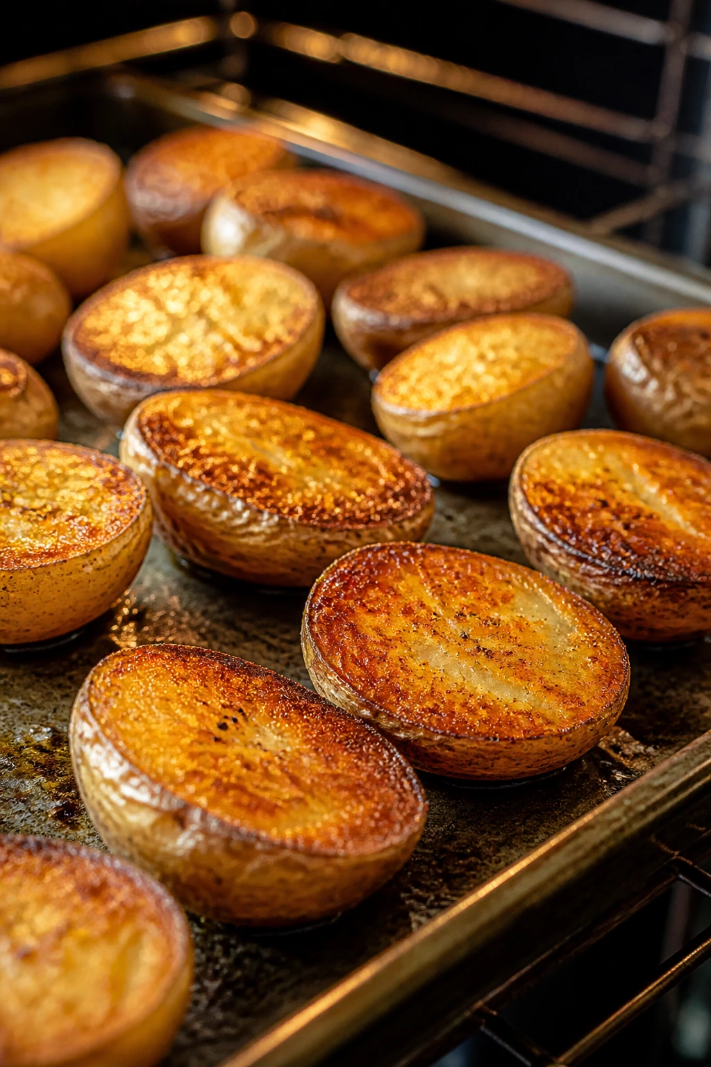 Close-up of halved potatoes with golden brown edges on a sheet pan in a kitchen