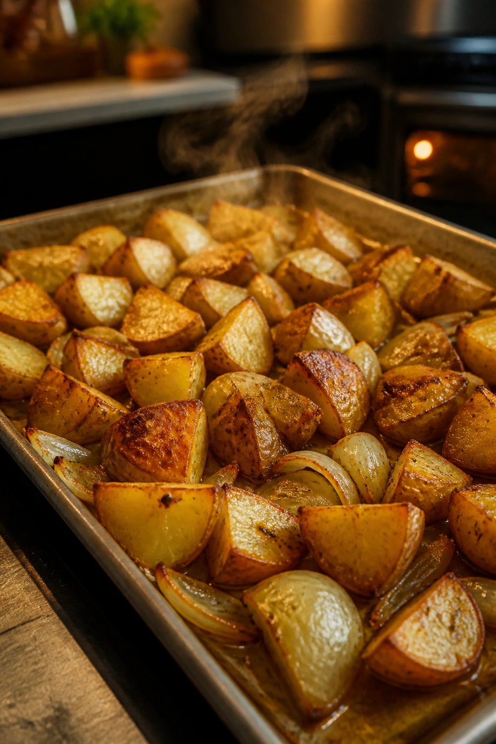 Close-up of a sheet pan with browned roasted potatoes on a kitchen counter