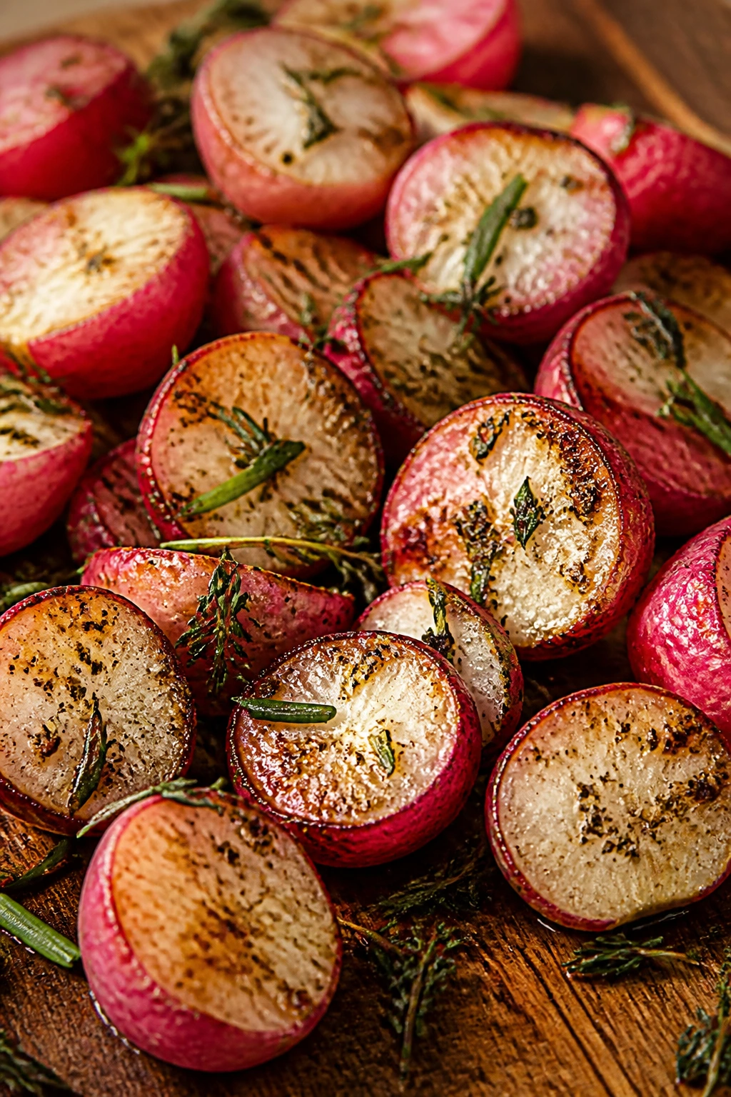 Herb-roasted radishes halved with thyme and chives