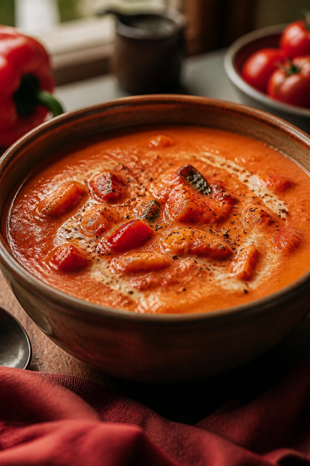 Close-up of roasted red pepper and tomato chowder in a bowl