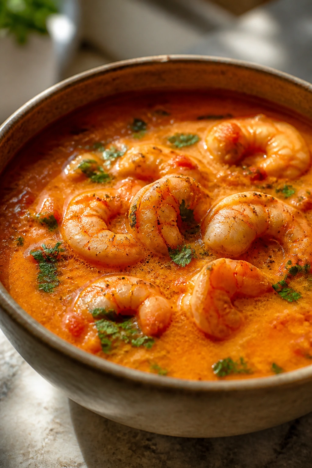 Bright roasted red pepper soup with shrimp on top in a rustic bowl