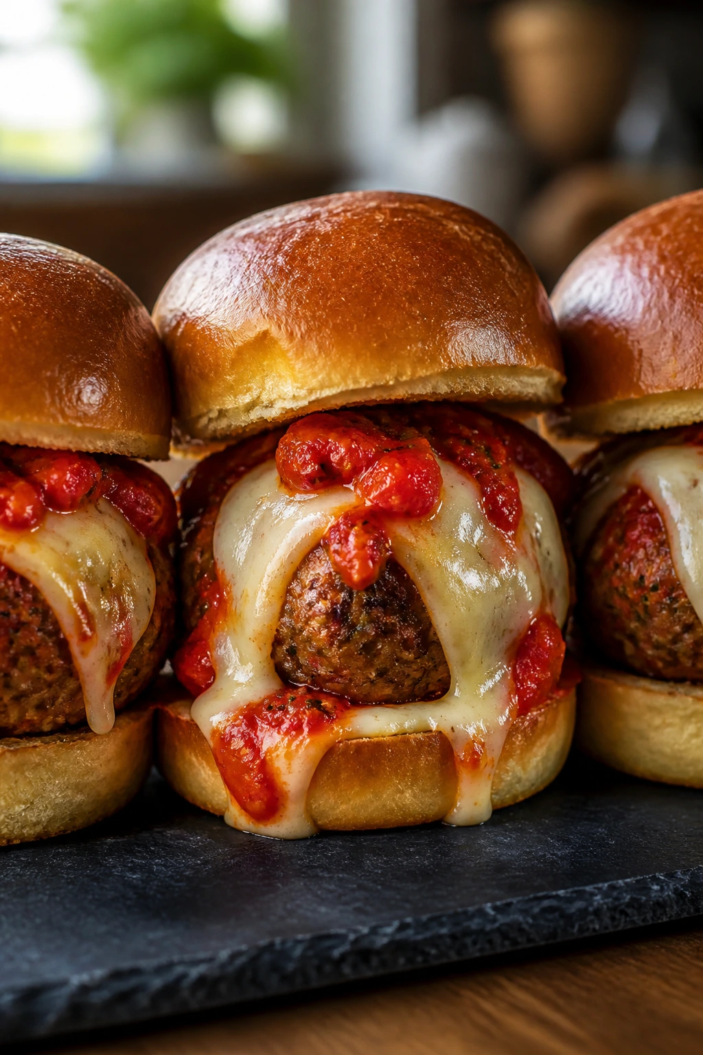 Close-up of roasted red pepper and fontina sliders on a slate plate