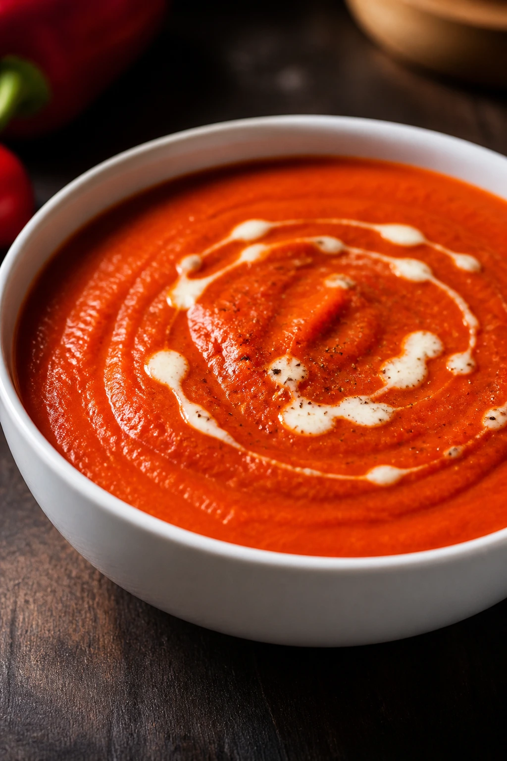 Close-up of roasted red pepper soup in a bowl with cream ribbon