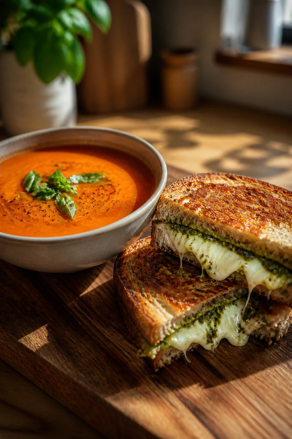 Roasted red pepper soup with pesto mozzarella grilled cheese on a wooden board