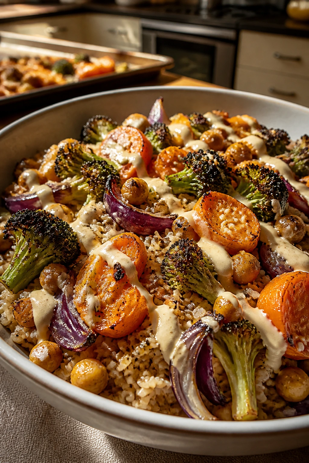 Bowl of roasted vegetable rice with browned broccoli and caramelized onions on a kitchen counter