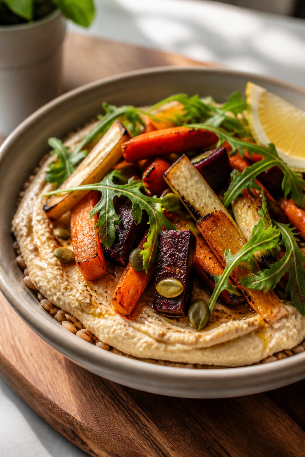 Close up of Roasted Root Veggie Hummus Bowl with hummus and roasted roots on a wooden board