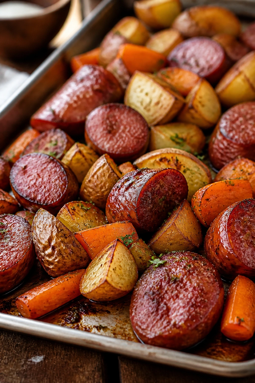 Roasted sausage with carrots and potatoes on a sheet pan