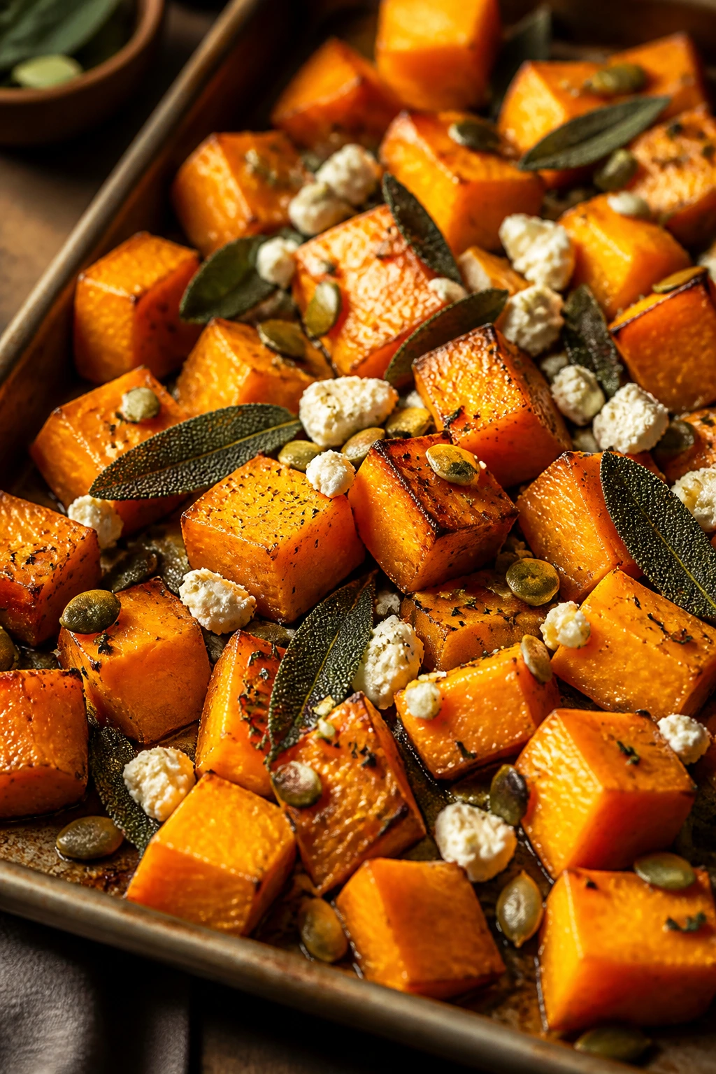 Close-up of roasted butternut squash with sage and pepitas on a sheet pan